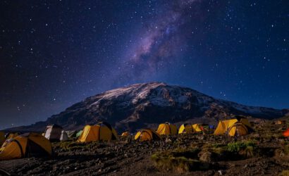 Beautiful scenery of yellow tents in the Kilimanjaro National Park